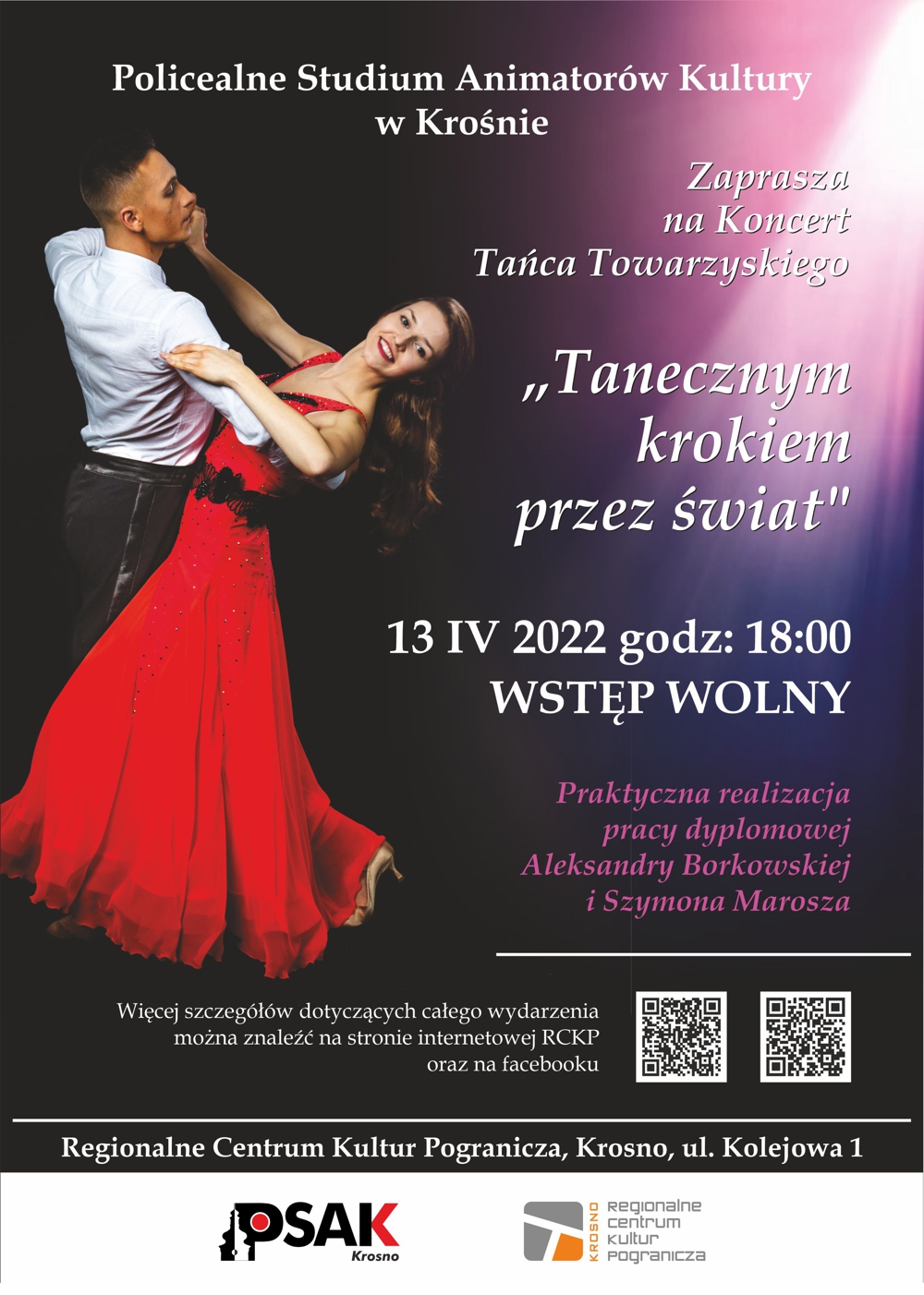 Plakat informujący o koncercie tańca towarzyskiego. Para taneczna.