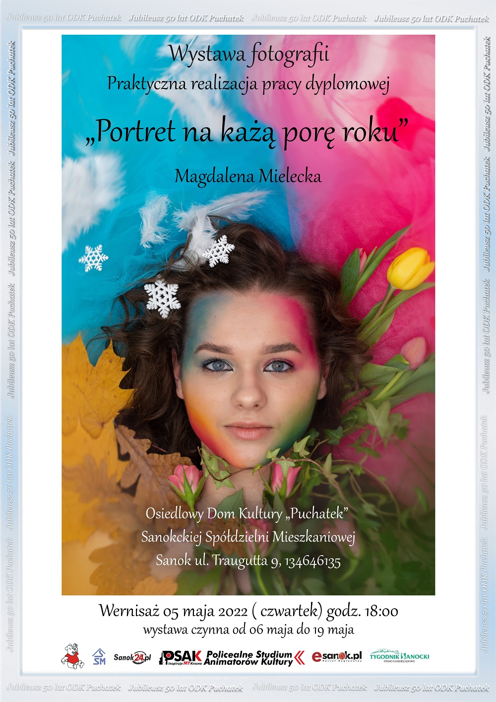 Plakat informujący o wystawie fotograficznej słuchaczki Studium. Głowa dziewczyny na kolorowym tle tle.  