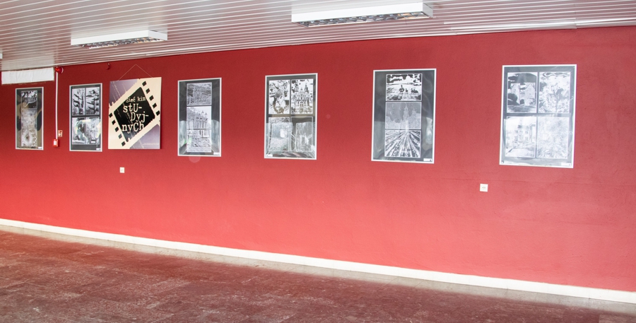 czarno biała wystawa fotograficzna wisząca na czerwonej ścianie