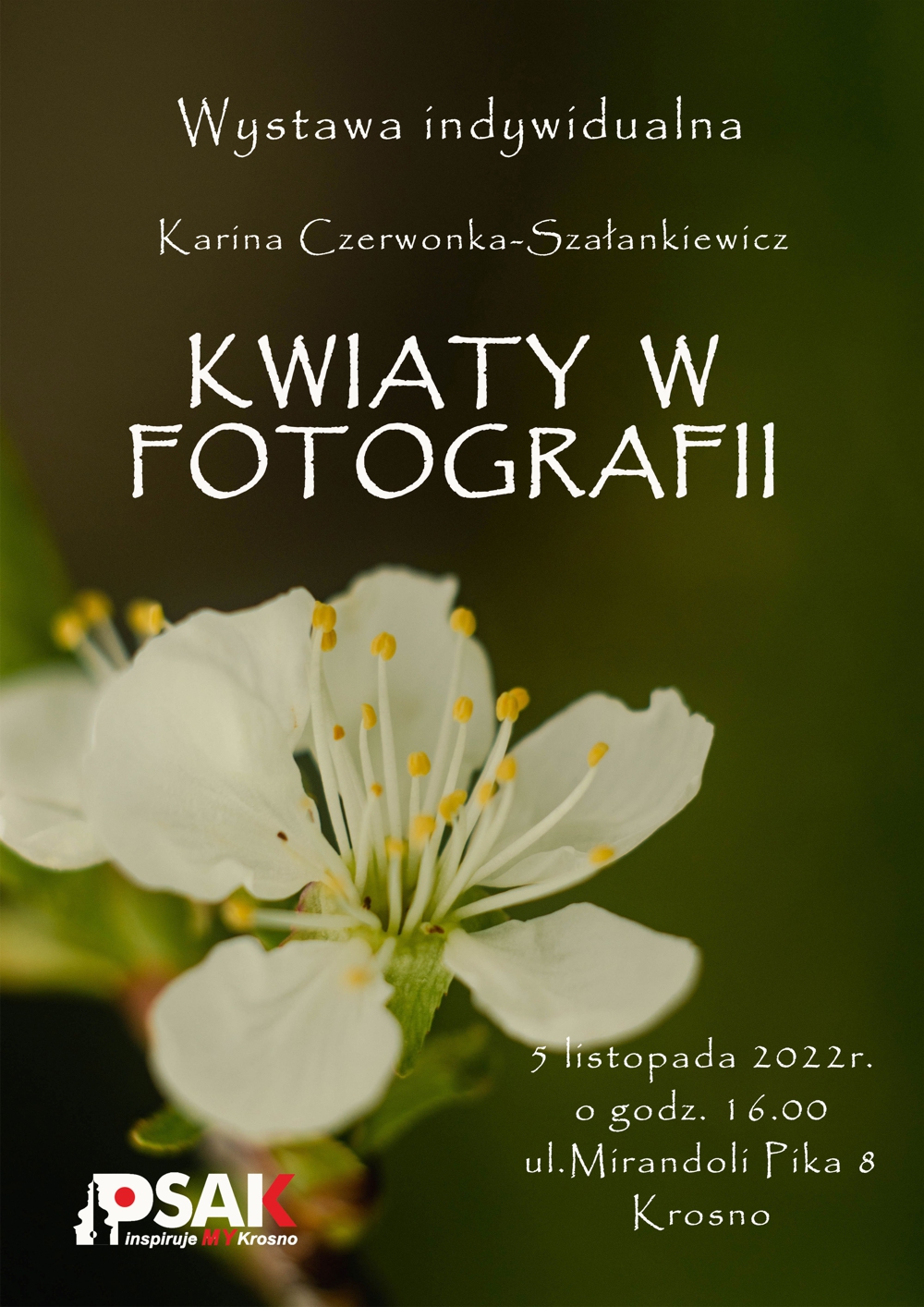 Plakat informujący o wystawie fotograficznej Kariny Czerwonki-Szałankiewicz pod tytułem Kwiaty w fotografii. Biały kwiat jabłoni na zielonym tle.