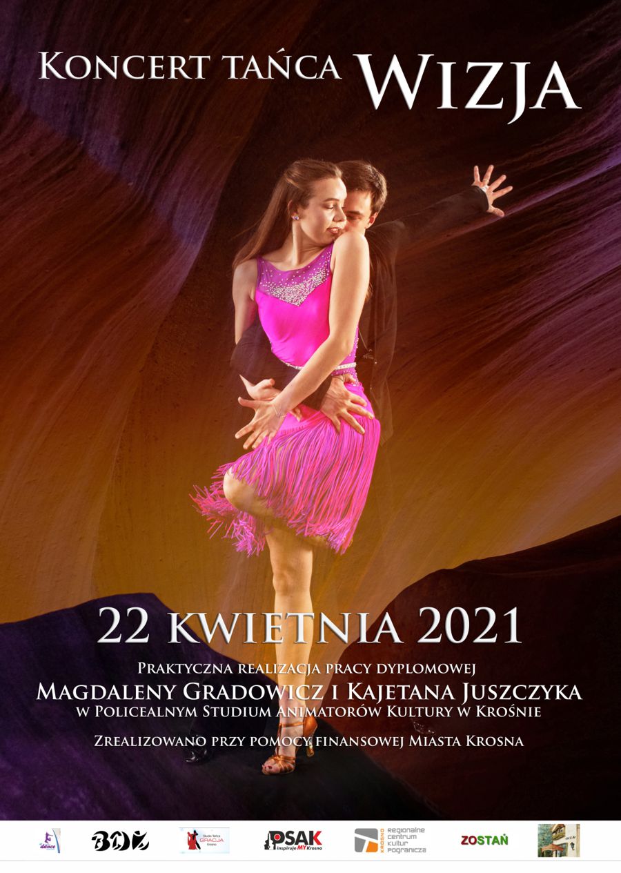 Plakat promujacy pracę dyplomową. Na zdjęciu tancerka w różowej sukience i tancerz stojacy za nią.