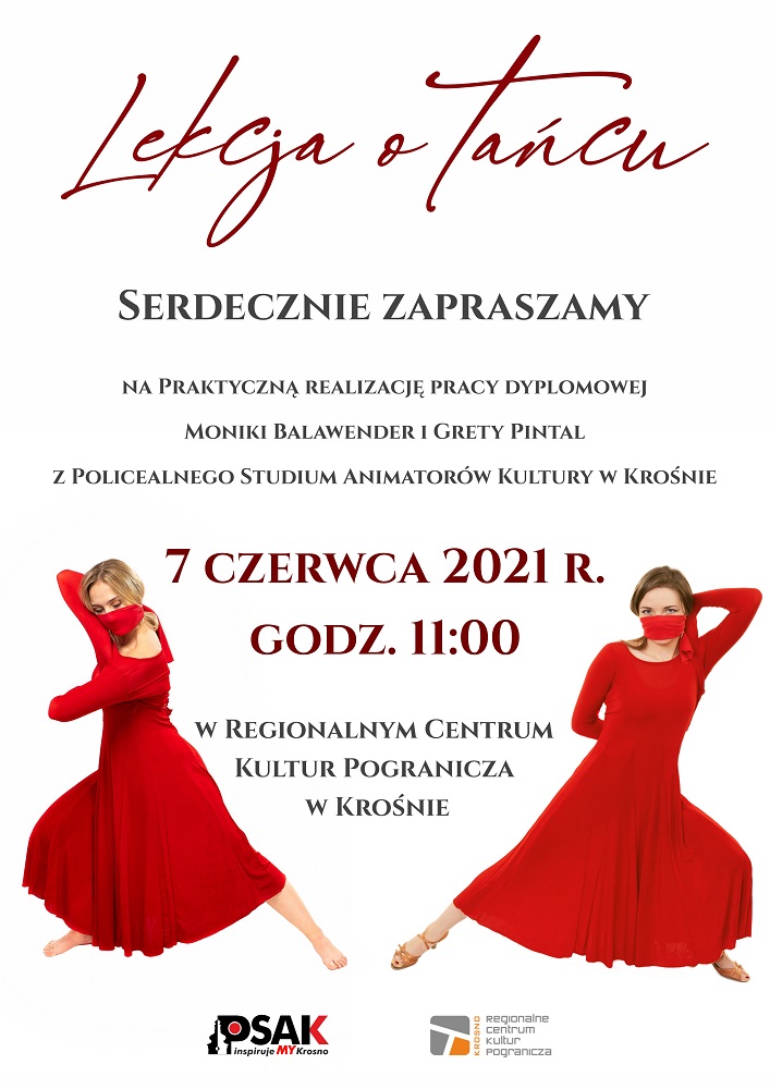 Plakat przedstawia dwie kobiety tańczące w czerwonych sukienkach