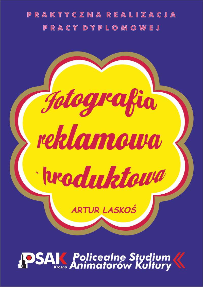 Plakat w kolorze fioletowo-żółtym z czerwonymi napisami zapowiadajacy wystawę pt. Fotografia reklamowa