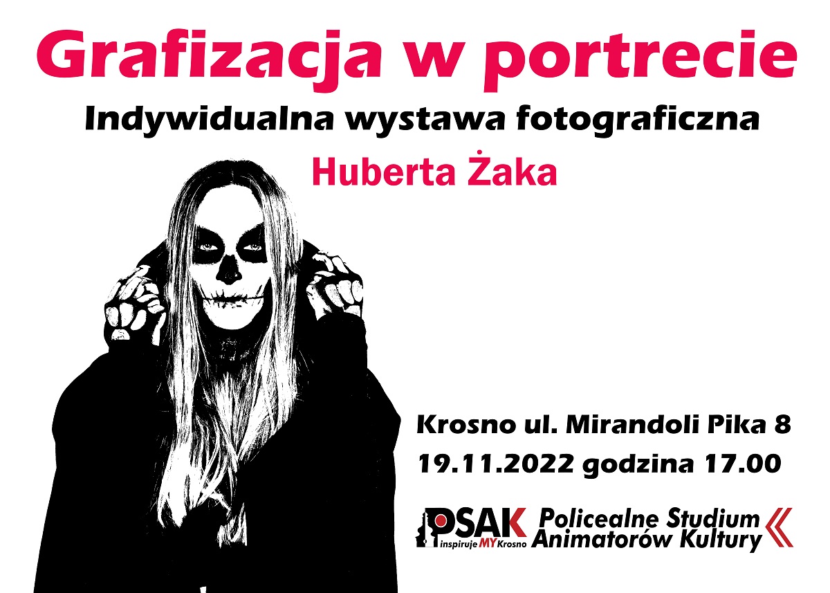 Plakat informujący o wystawie fotograficznej Huberta Żaka. Czarna grafika na białym tle. Po lewej stronie czarna postać kobiety. 